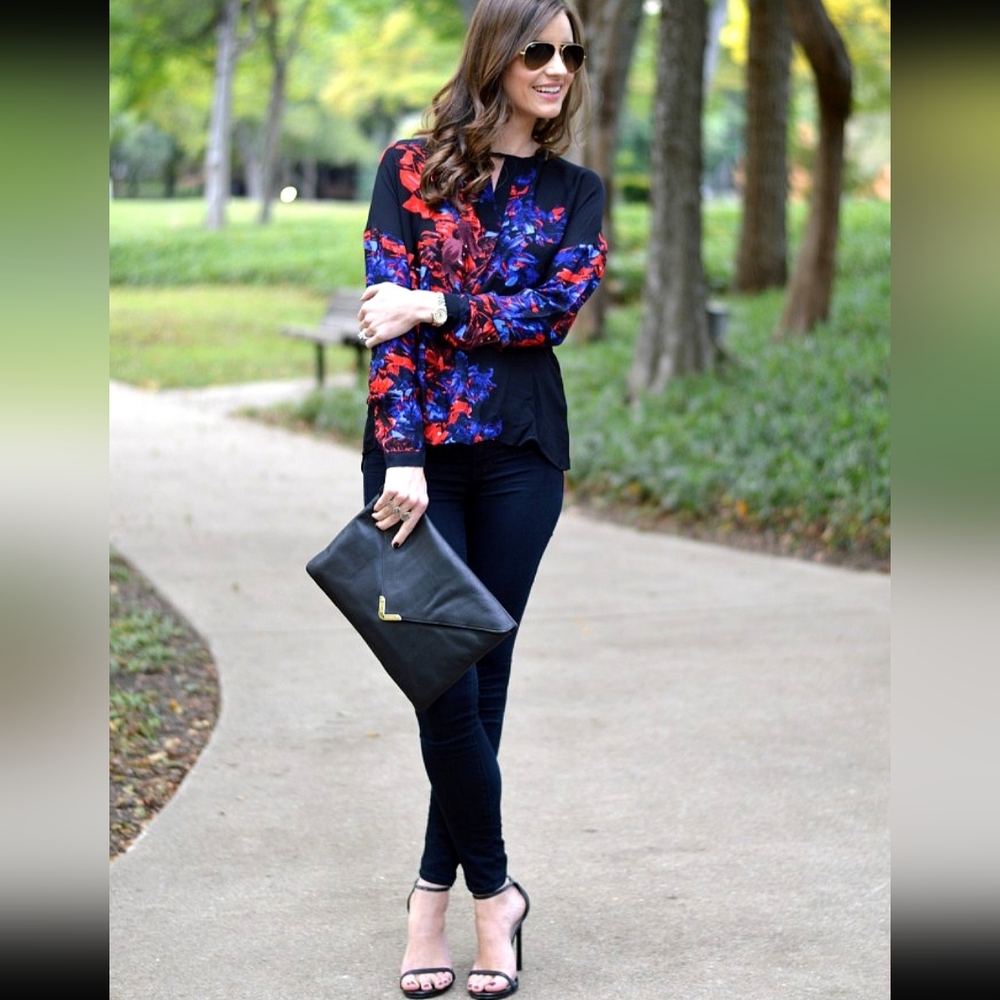 Parker 100% Silk Black, Blue & Red Floral Print Long Sleeve Top Blouse